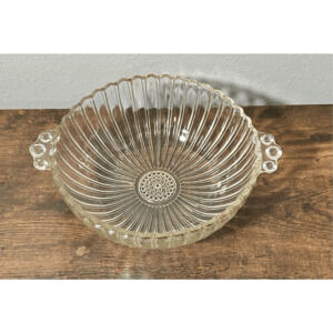 Vintage Ribbed Glass Bowl 9.5" Scalloped Edges Hobnail Bottom & Handles Jeanette